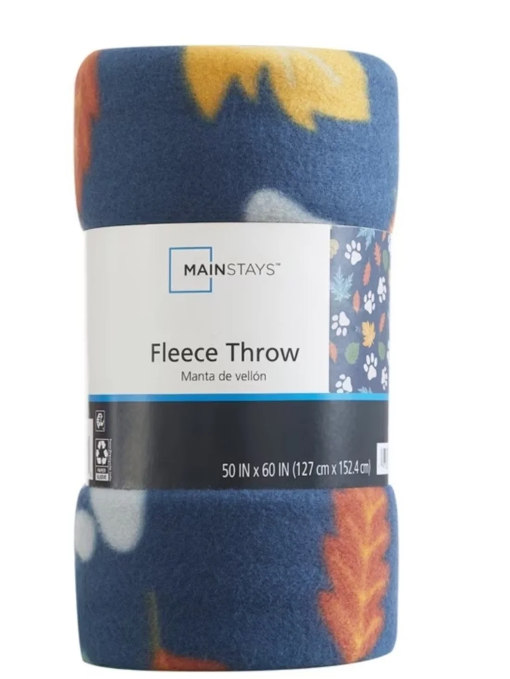 Mainstays Navy Plush Blanket with Multicolor Paw & Leaf Print